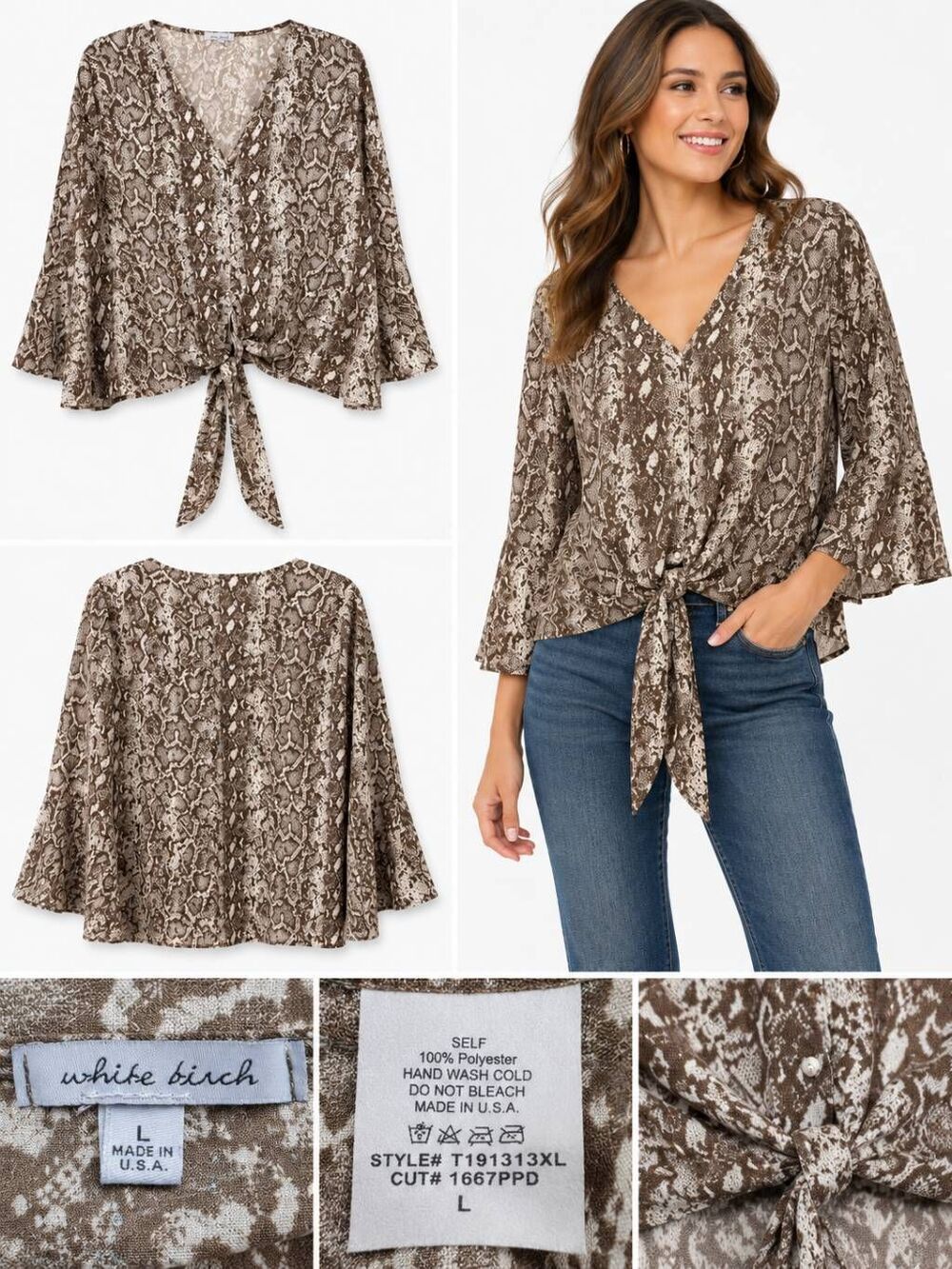 White Birch L Snake Print Tie Front Bell Sleeve Blouse
